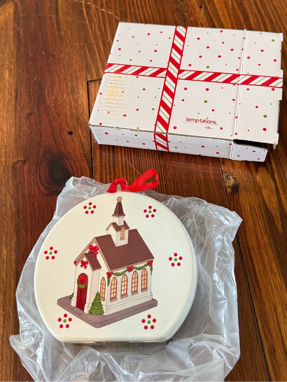 Temptations by Tara hand-painted White, Red & Brown Church & Recipe Ornament